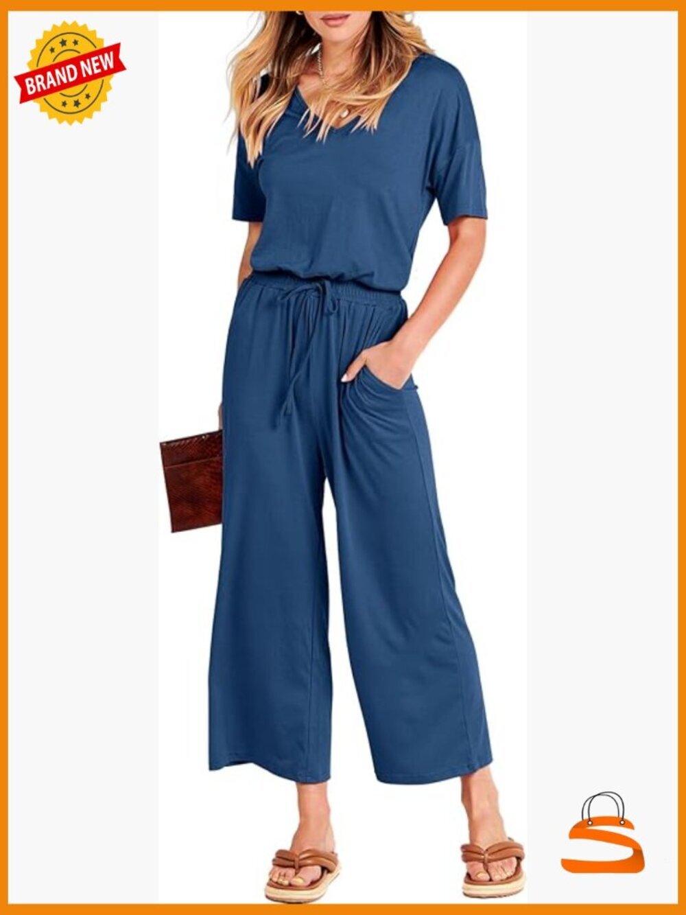 Women's Short Sleeve V Neck Wide Leg Jumpsuit Romper with Pockets
